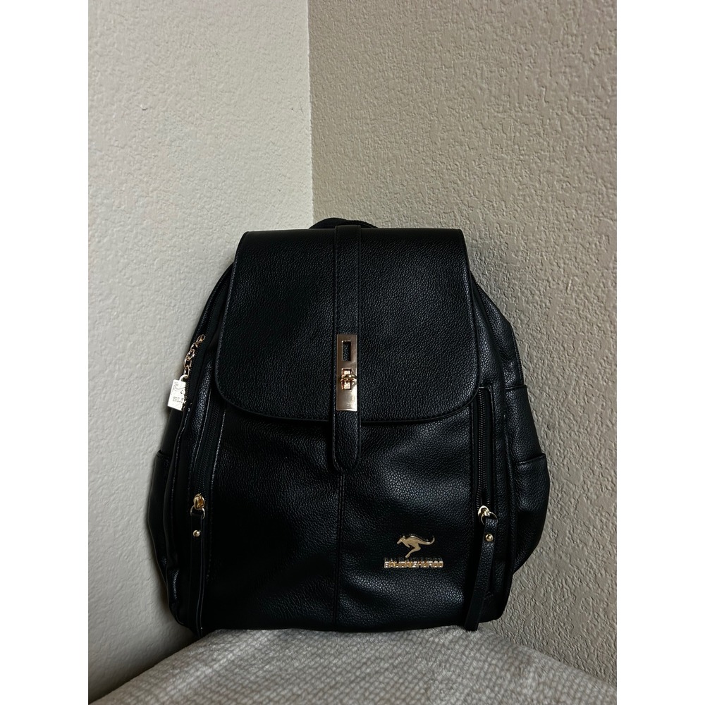 Balishishuo Black Faux Leather Backpack Gold Kangaroo Logo Women Travel Bag